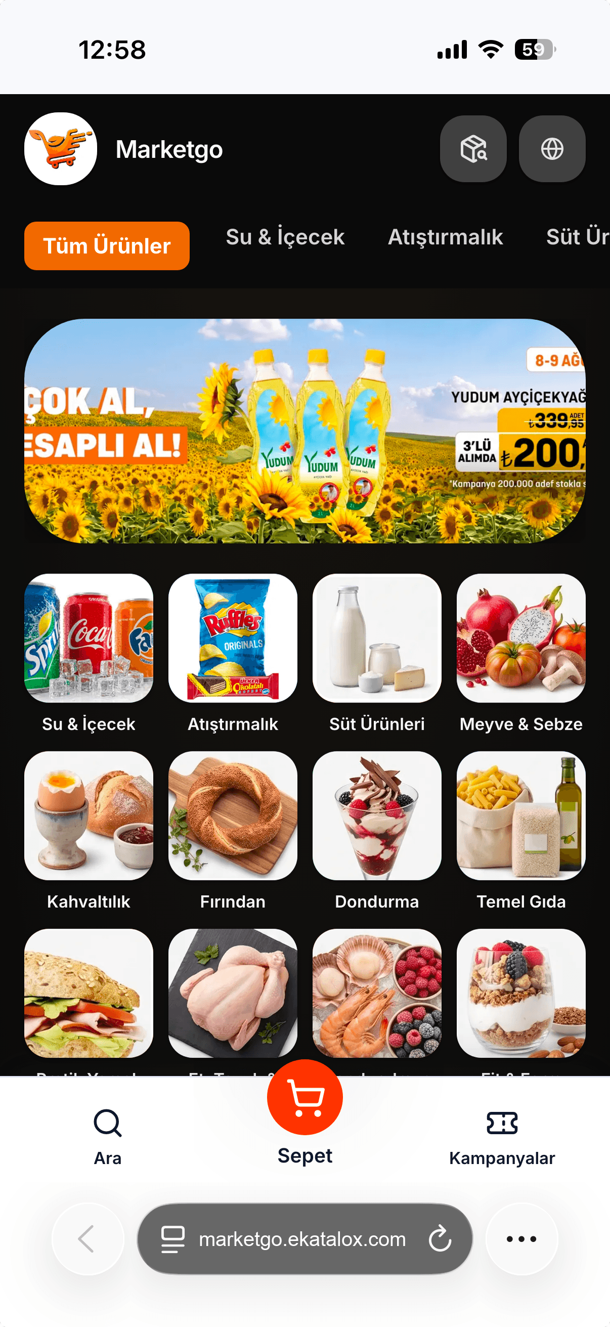 Demo market sipariş sayfasının iPhone ekran görüntüsü