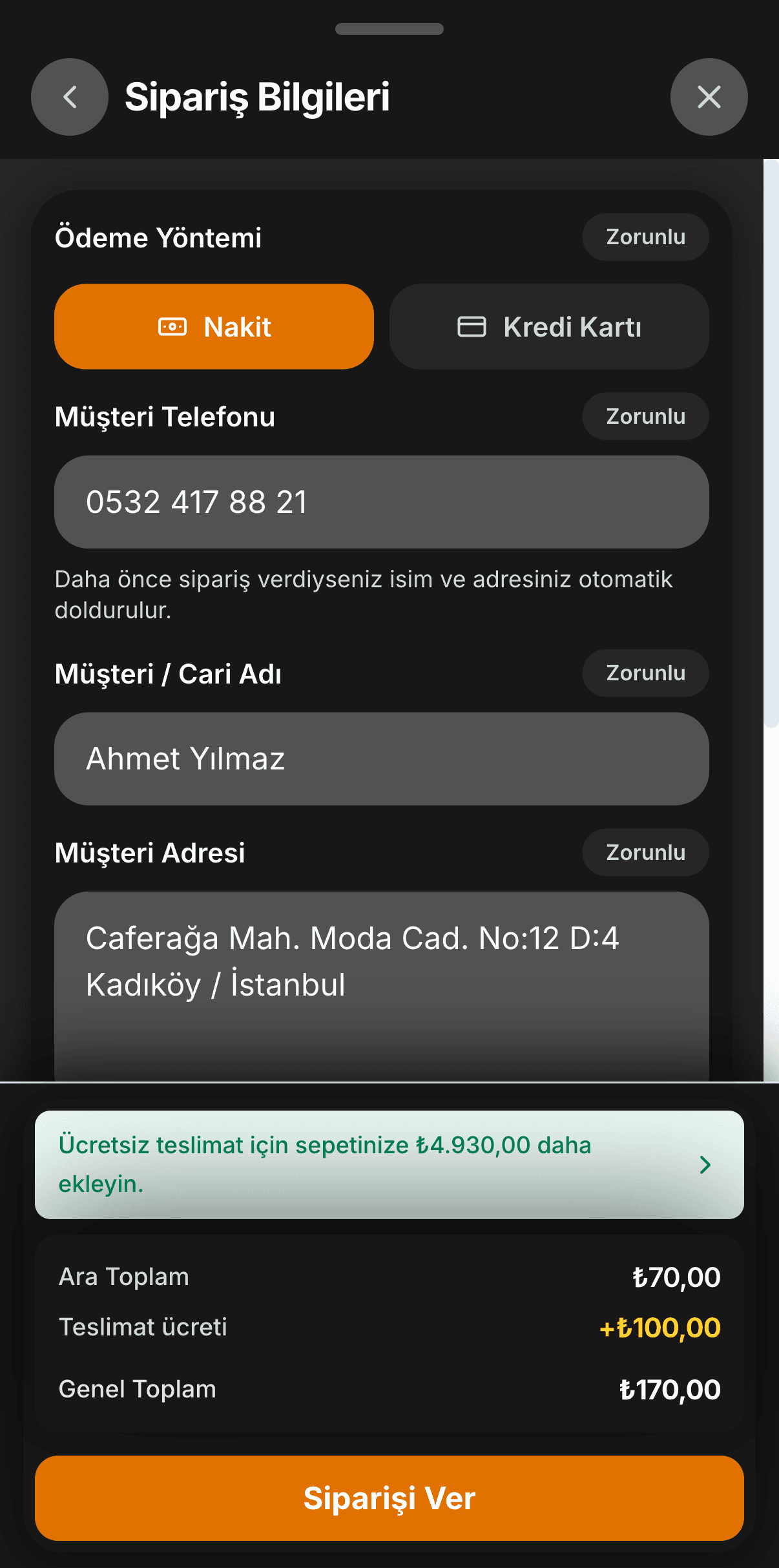 Sipariş bilgileri formu: ödeme yöntemi, telefon, ad ve adres